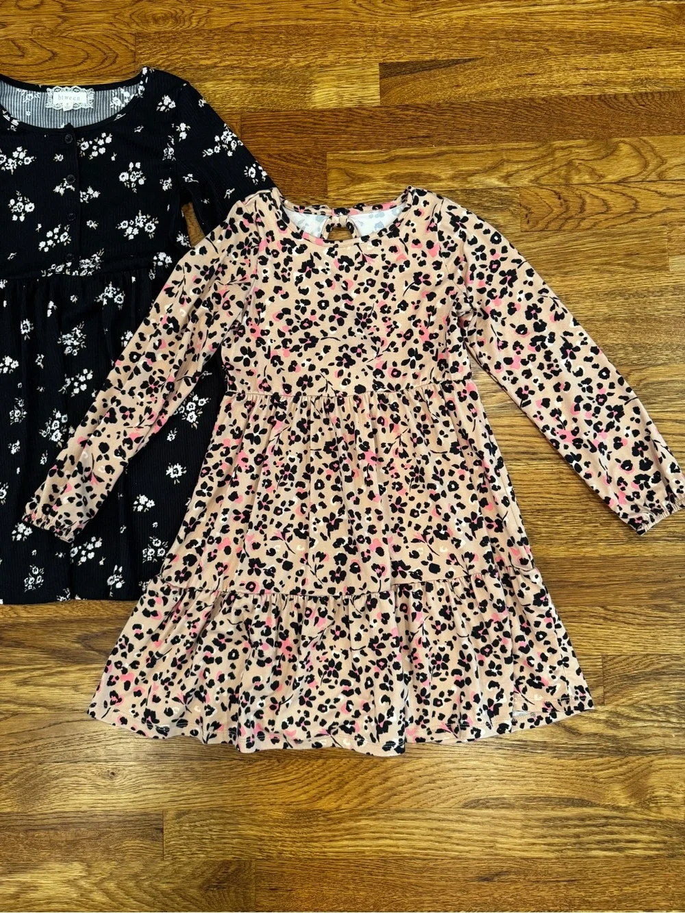 NWOT Btween Bundle of 2 Black Floral & Pink Leopard Long-Sleeve Dresses - Size 8